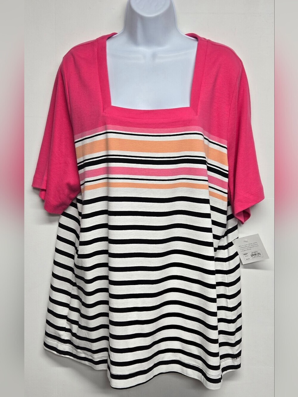 Croft & Barrow 2X Classic Top Stretch Knit Pink Striped Square Neck Cotton